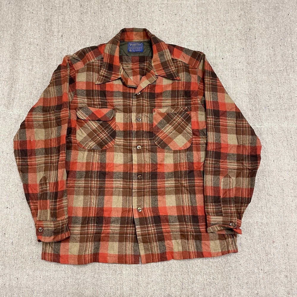 Vintage‎ Plaid Wool Board Shirt Men Large Orange 1970s Pendleton